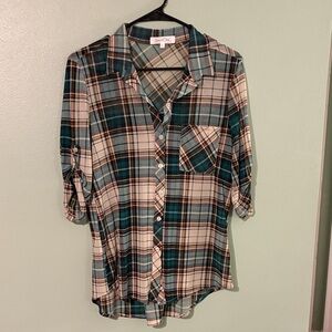 Eden & Olivia Teal and Tan Plaid Top